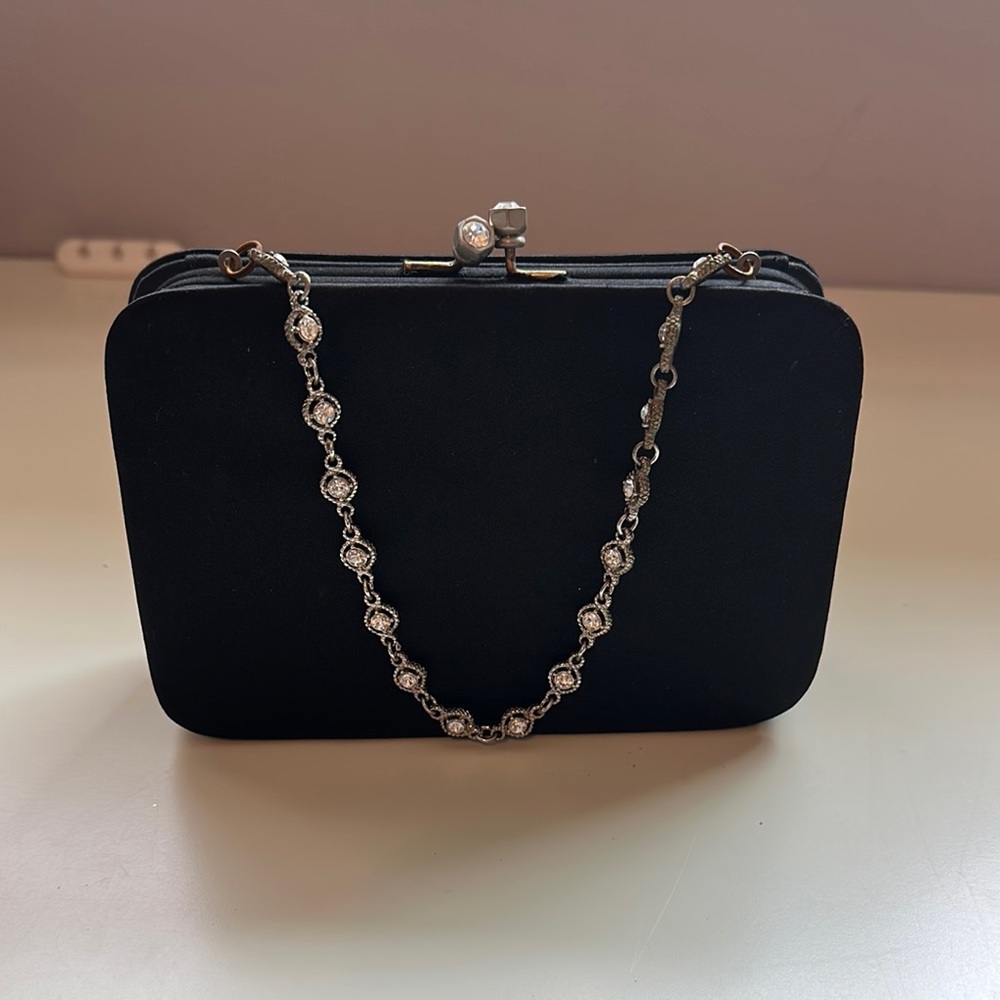 Black Evening Clutch with Metallic Frame and Chain